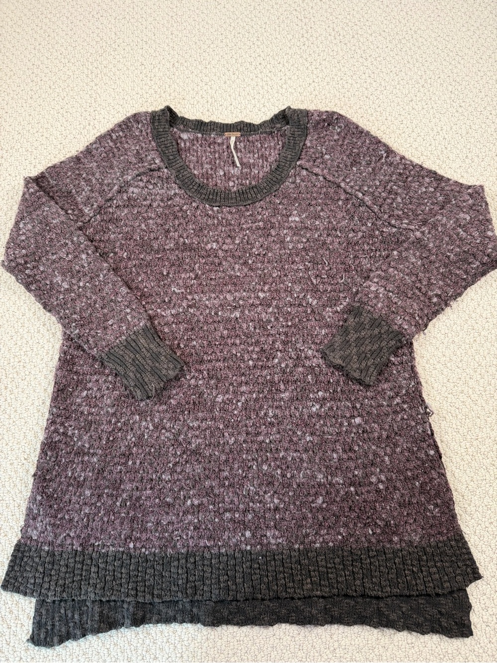 Free People Plum Marled Crewneck Sweater with Charcoal Trim